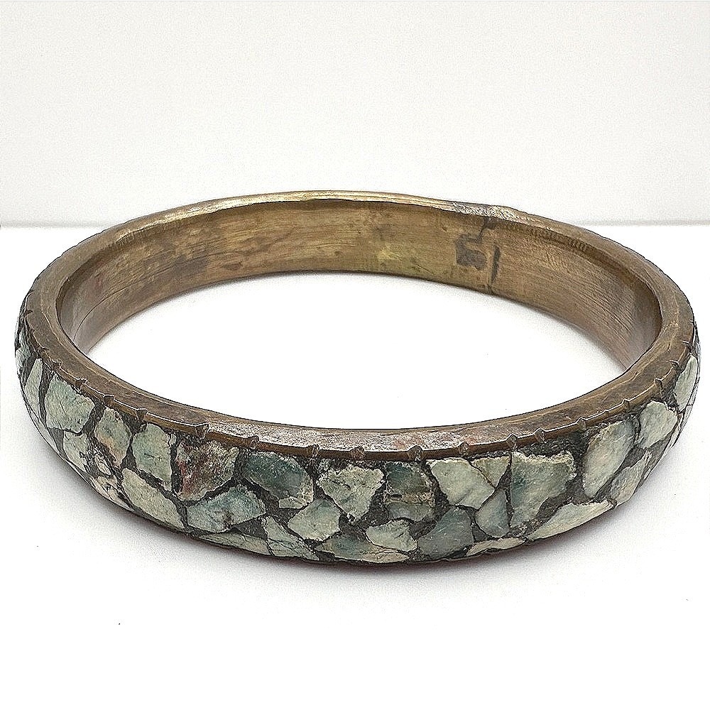 Vintage 80s Brass Bracelet Mosaic Turquoise Inlay Boho Ethnic Statement Jewelry‎